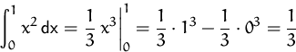 \begin{displaymath}
\int_0^1 x^2 \,\mbox{dx} = 
 \left.\frac{1}{3}\,x^3\right\ve...
 ...1=
 \frac{1}{3}\cdot 1^3 - \frac{1}{3}\cdot 0^3=
 \frac{1}{3}
 \end{displaymath}