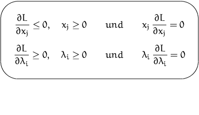 $\mbox{\ovalbox{$\begin{Beqnarray*}
\frac{\partial L}{\partial x_j}\leq 0, \quad...
 ...& \quad
 \lambda_i\,\frac{\partial L}{\partial\lambda_i} = 0\end{Beqnarray*}$}}$