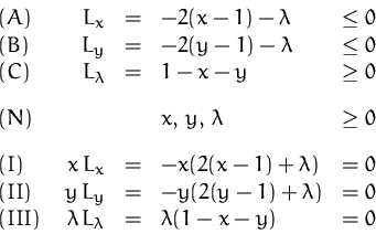 \begin{displaymath}
\begin{array}
{lrcll}
 (A)&L_x &=& -2(x-1)-\lambda &\leq 0\\...
 ...) & \lambda\, L_\lambda &=& \lambda(1-x-y) &= 0\\  \end{array} \end{displaymath}