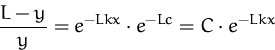 \begin{displaymath}
\frac{L-y}{y}=e^{-Lkx}\cdot e^{-Lc}=C\cdot e^{-Lkx}\end{displaymath}