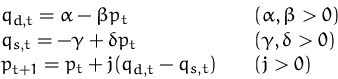 \begin{displaymath}
\begin{array}
{ll}
 q_{d,t} = \alpha - \beta p_t\quad & (\al...
 ...1} = p_t + j (q_{d,t} - q_{s,t})\quad & (j \gt 0)
 \end{array} \end{displaymath}