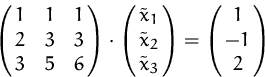 \begin{displaymath}
\pmatrix{1 & 1 & 1 \cr 2 & 3 & 3 \cr 3 & 5 & 6 }\cdot
 \pmat...
 ...x}_1\cr \tilde{x}_2\cr \tilde{x}_3}=
 \pmatrix{1\cr -1 \cr 2}
 \end{displaymath}